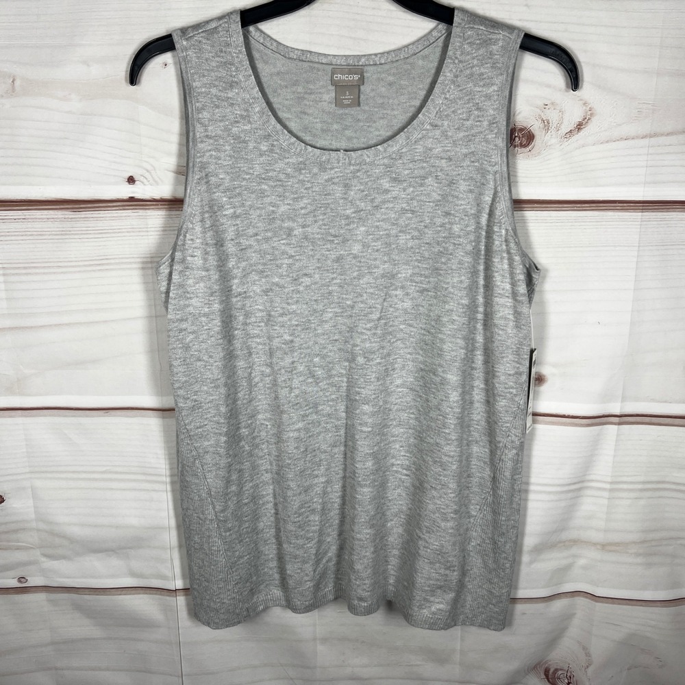 Chico's Sweater Tank Women XL Heather Gray Rib Trim Sleeveless Scoop Neck Office
